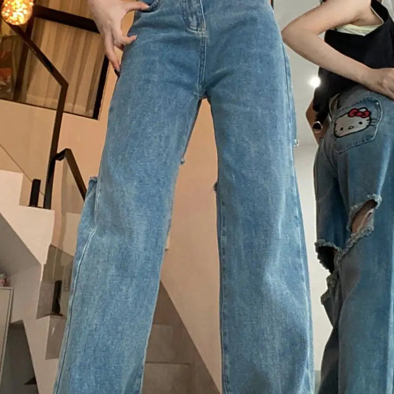 Calça Jeans Hello KittY, Wide Leg Kawaii