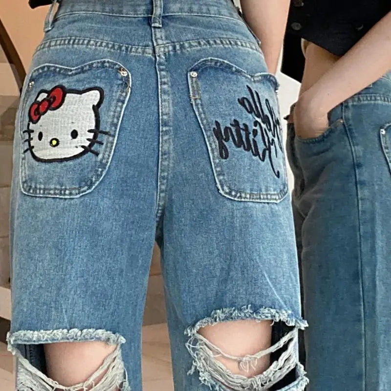 Calça Jeans Hello KittY, Wide Leg Kawaii