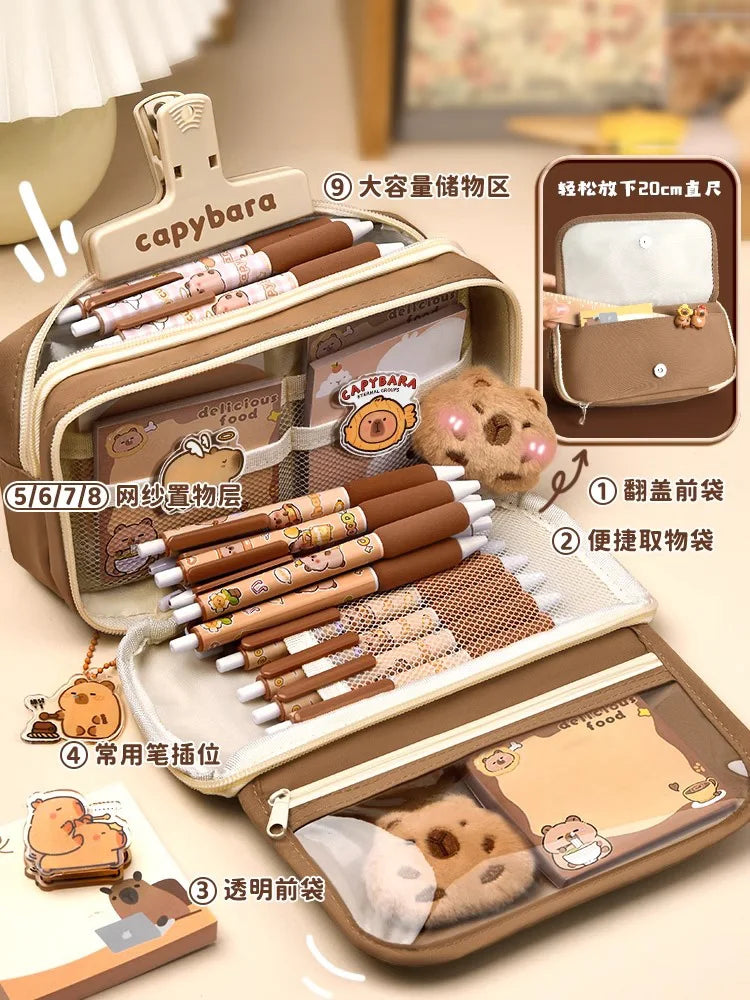 Estojo Capivara Kawaii, Grande Capacidade + Brindes (Selecionar)