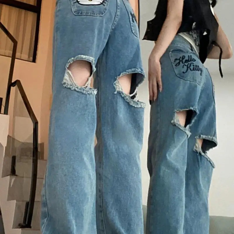 Calça Jeans Hello KittY, Wide Leg Kawaii