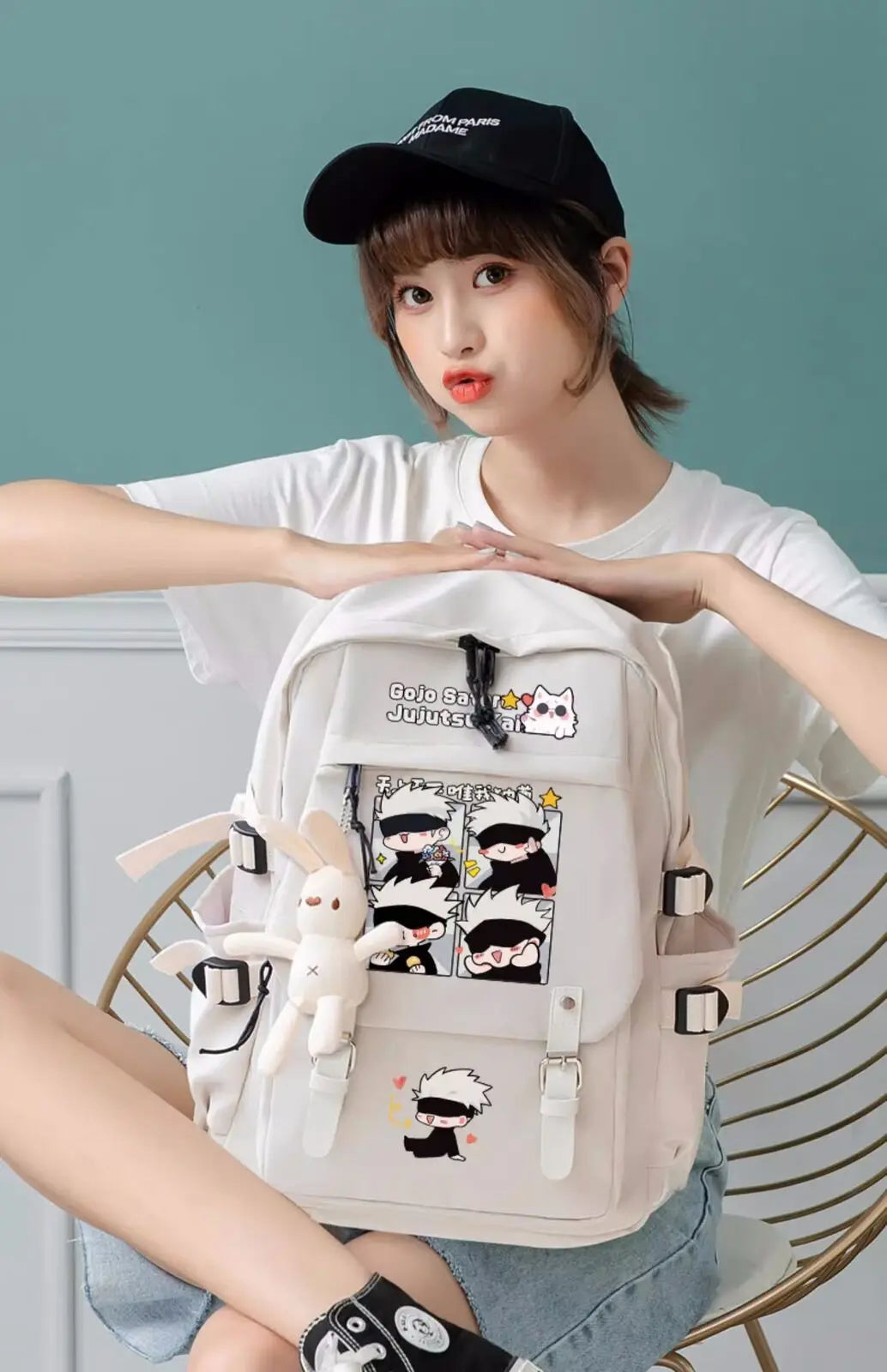 Mochila Gojo Team Chibi + Coelhinho Chaveiro Pelúcia (Brinde)