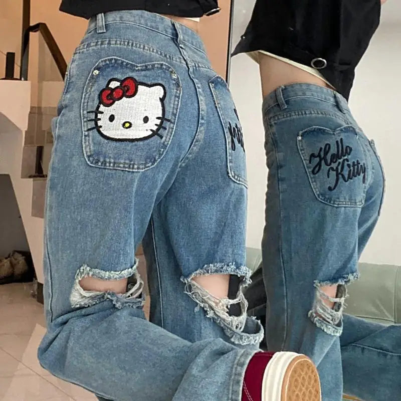 Calça Jeans Hello KittY, Wide Leg Kawaii