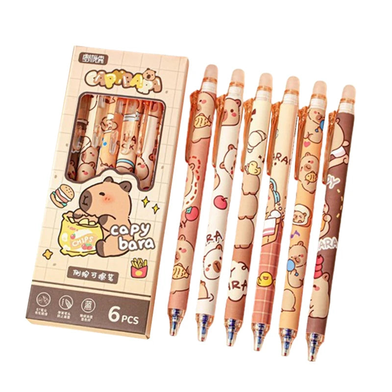 Kit 6pcs de Canetas Capivara Kawaii, Tinta Azul Apagável