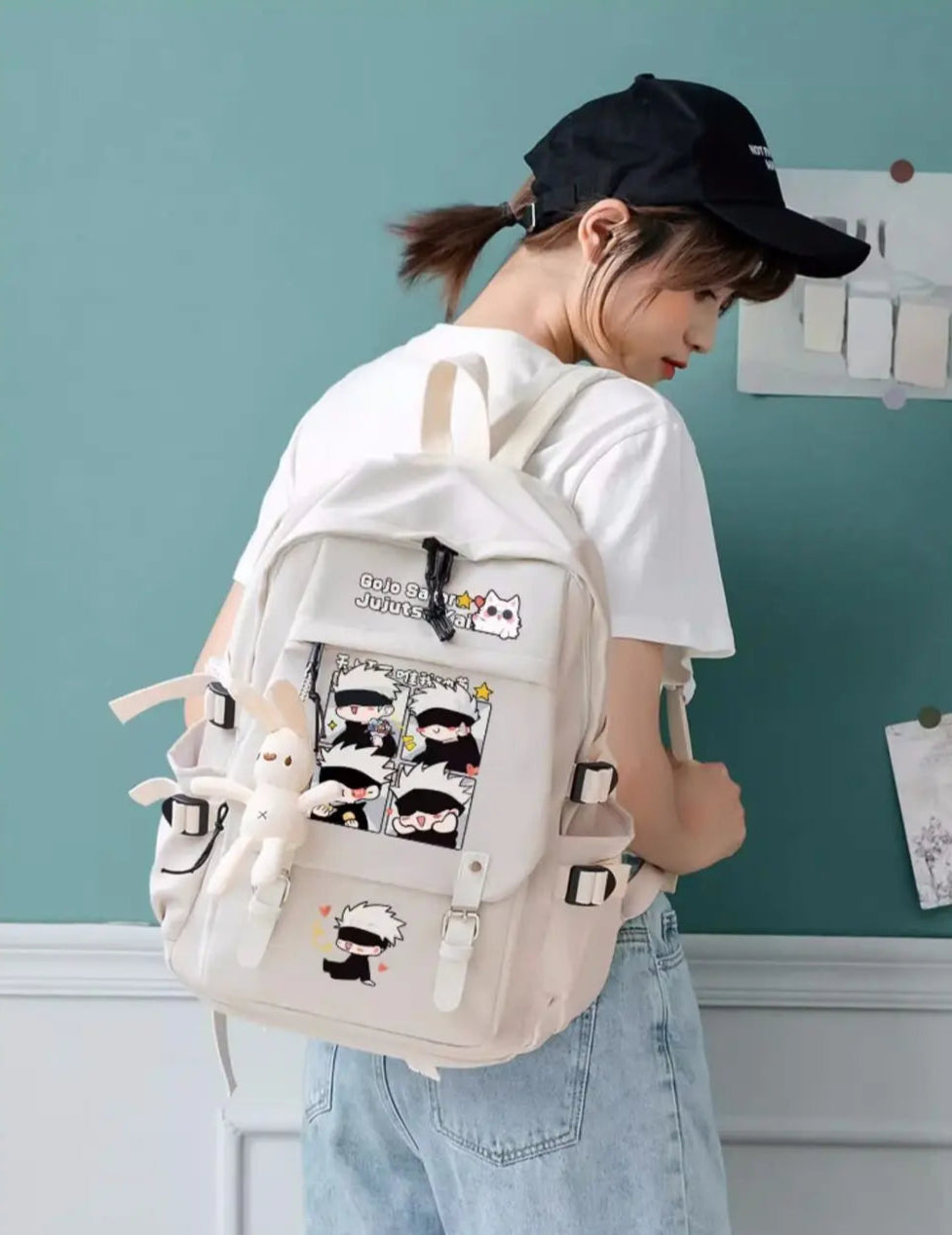 Mochila Gojo Team Chibi + Coelhinho Chaveiro Pelúcia (Brinde)