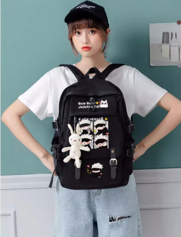 Mochila Gojo Team Chibi + Coelhinho Chaveiro Pelúcia (Brinde)