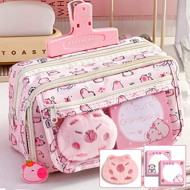 Estojo Capivara Kawaii, Grande Capacidade + Brindes (Selecionar)