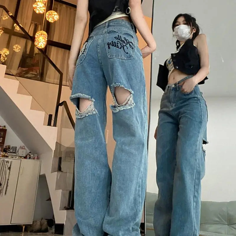 Calça Jeans Hello KittY, Wide Leg Kawaii